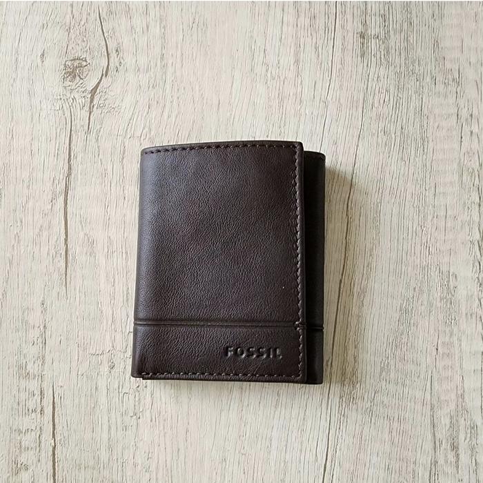 dompet pria fossil brooks trifold wallet dark brown ej