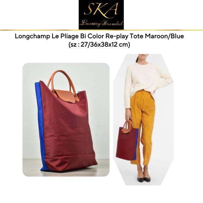Longchamp Le Pliage Bi Color Re-play Tote Maroon Blue