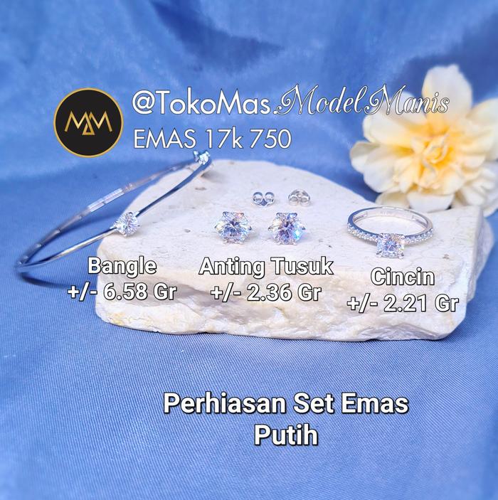 Perhiasan Solitaire emas putih set gelang anting cincin 750 kadar 17k