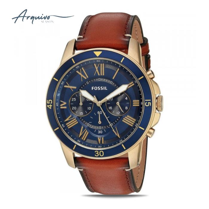 Jam Tangan Fossil Pria Grant Chronograph Kulit Brown Dial Blue Casual Original FS5268