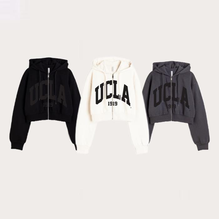 HNM NEW UCLA BLACK CREAM GREY JACKET SWEATER ZIP HOODIE JAKET CROP TOP