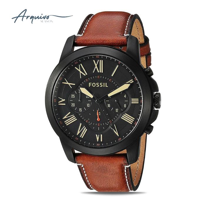 Jam Tangan Fossil Pria Grant Chronograph Kulit Brown Dial Black Casual Original FS5241