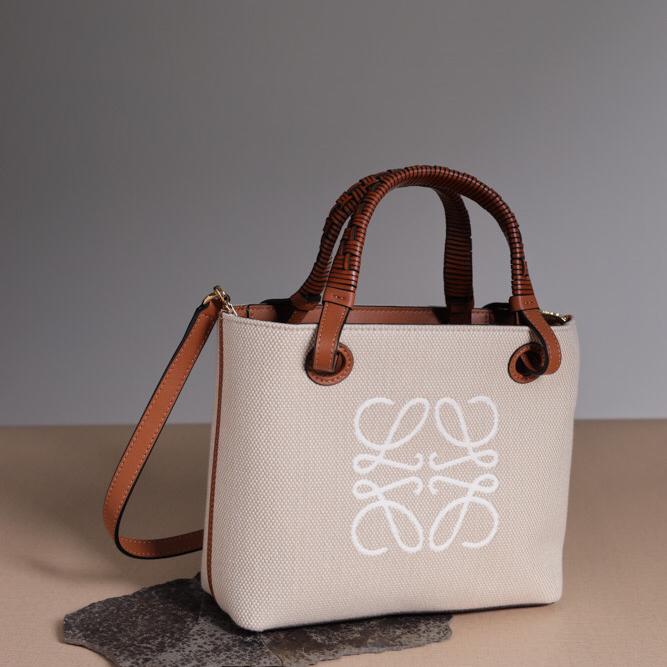 LOEWE Mini Anagram Tote Bag in Ecru/Tan Jacquard and Calfskin