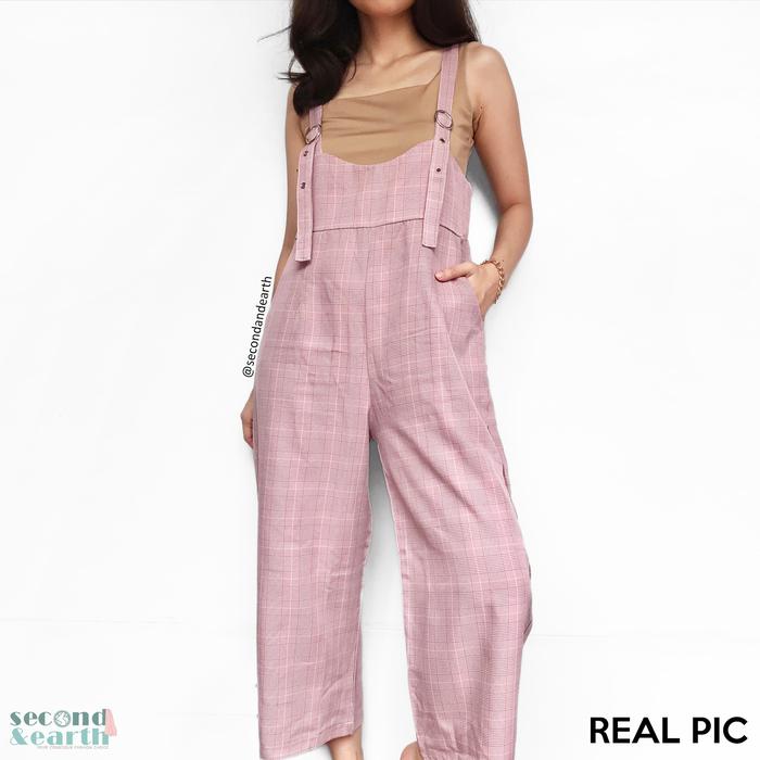 Preloved JRep Jumpsuit S Terusan Celana Panjang Sleeveless Kotak Pink