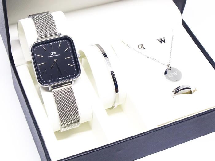 WTT Jam Tangan Wanita DW + Set Box Rantai Pasir Segi Jamtangan Simple Mewah Cewek Anting Gelang Cinc