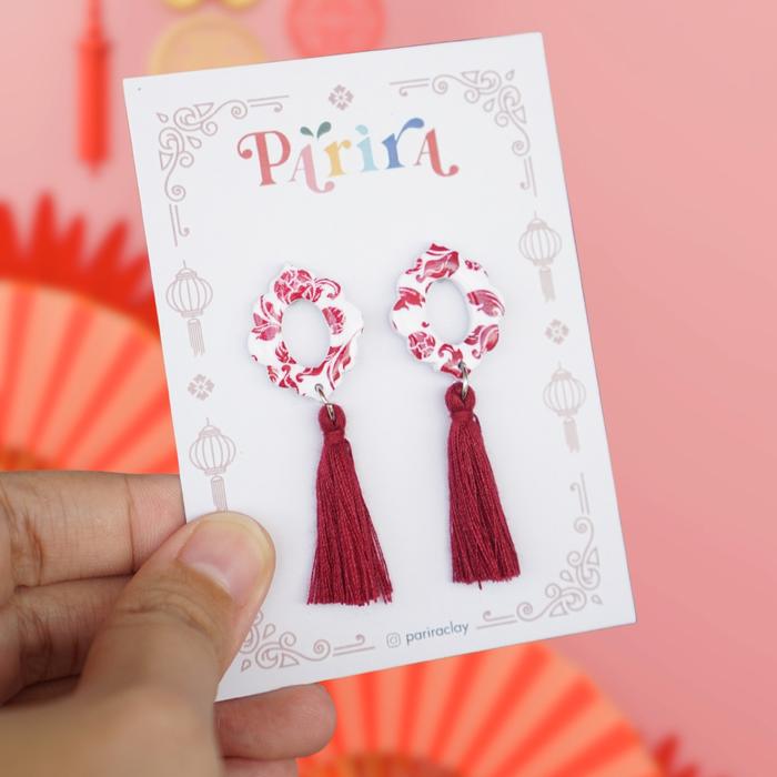 Red Floral Porcelain - Polymer Clay Earrings - Anting - Parira Clay