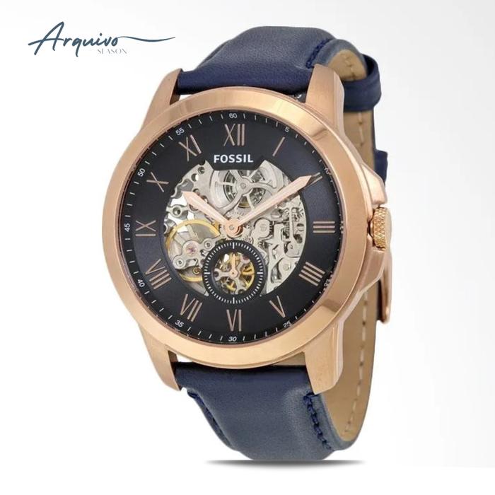 Jam Tangan Pria Fossil Grant Automatic Kulit Navy Blue Casual Mewah Original ME3054