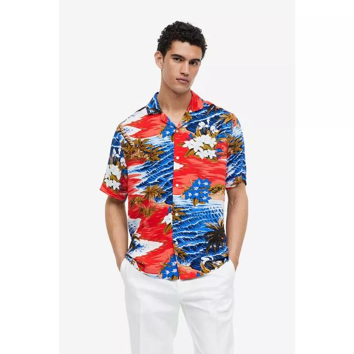 Kemeja Pria Viscose Red Tropical Patterned Resort - Kemeja Pantai HM-07