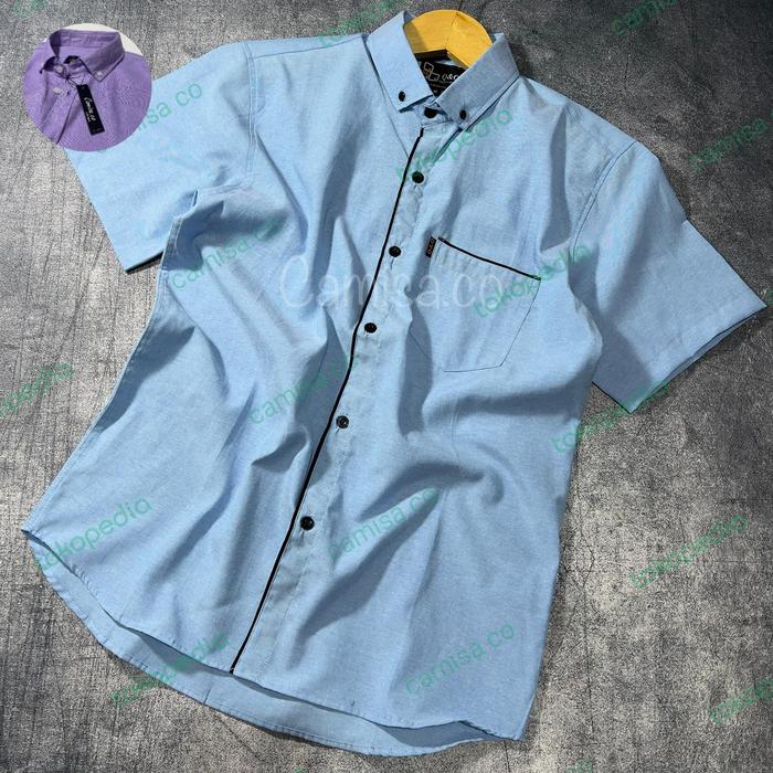kemeja pria lengan pendek blue sky ice blue list hitam - hem pria biru