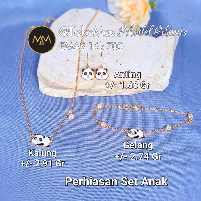 Perhiasan set kalung gelang anting Little Panda emas kuning 700 kadar