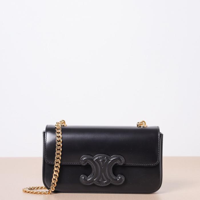bag Clne tas Cuir Triomphe Flap Chain Shoulder Bag in Black Shiny