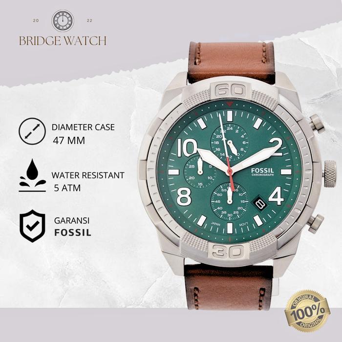 Jam Tangan Pria Fossil FS5738 Bronson Chronograph Kulit Brown Dial Green Sport Casual Original