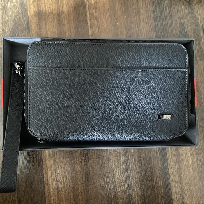 Tumi Alpha Triple Zip Clutch Leather Black Pouch Bag Original 100%