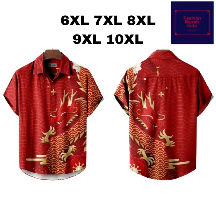 Kemeja big size besar pendek merah naga pria wanita retro vintage baru