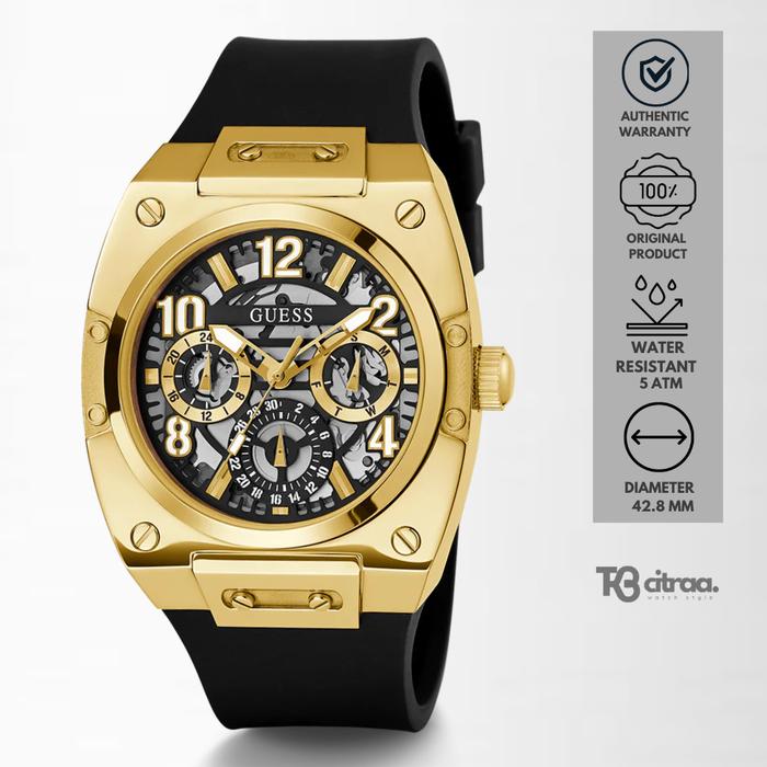 Jam Tangan Pria Guess Prodigy Chronograph Black Rubber Gold Case Casual Mewah Original GW0569G2