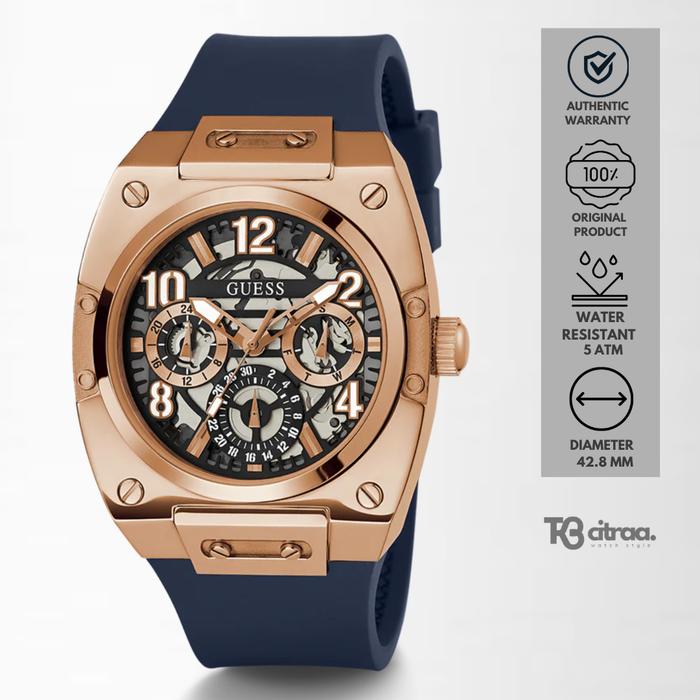 Jam Tangan Pria Guess Prodigy Chronograph Blue Rubber Rose Gold Case Casual Sporty Original GW0569G3