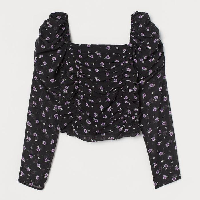𝙋𝙍𝙀𝙇𝙊𝙑𝙀𝘿 H&M Divided Black Puff Sleeves Floral Flower Smocked Top Crop