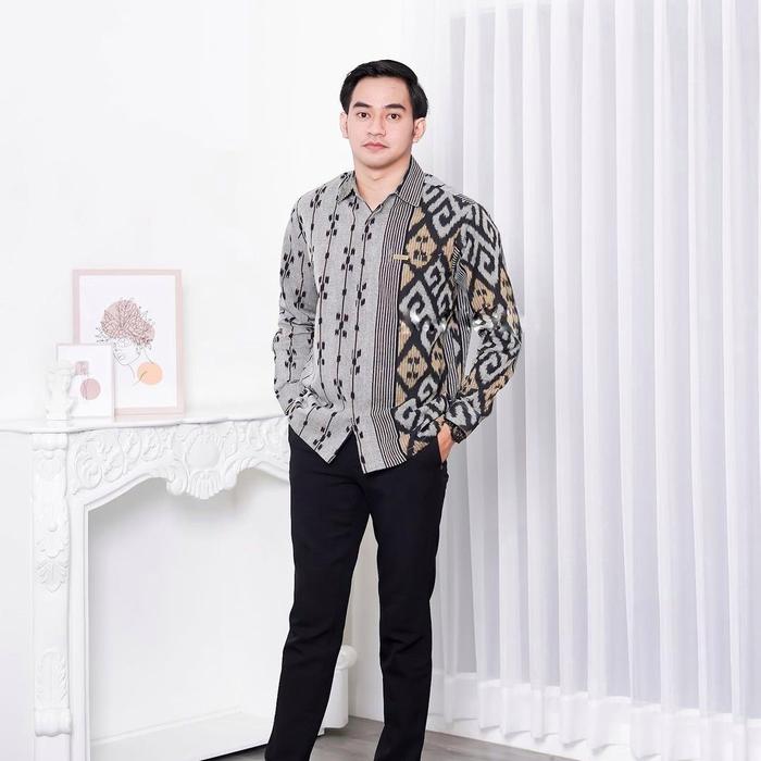 KEMEJA TENUN PRIA - ORIGINAL TENUN TROSO - KEMEJA ETNIK TORAJA GREY Baju Panjang Flannel Hitam Casua