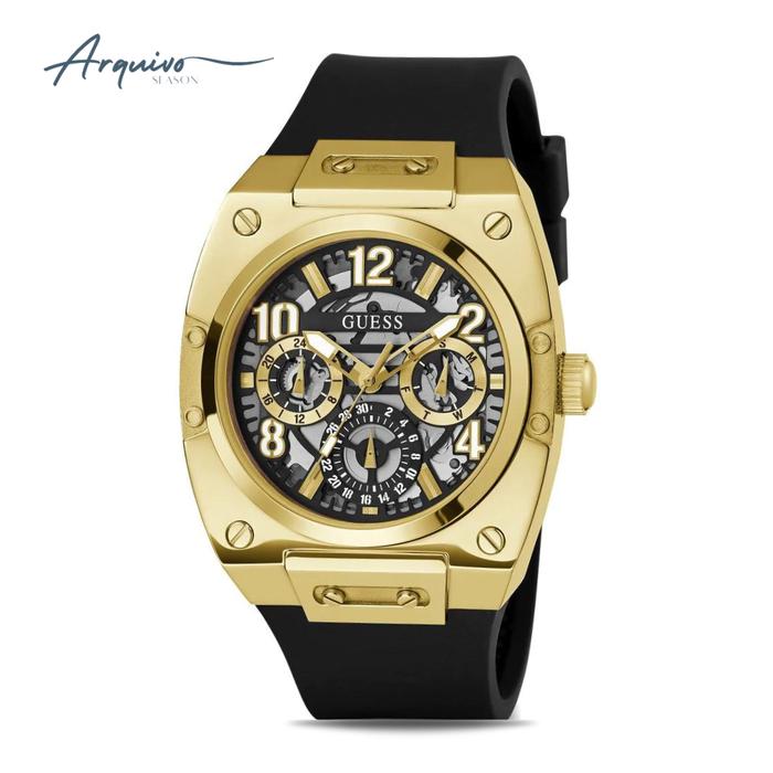 Jam Tangan Guess Pria Prodigy Chronograph Black Rubber Gold Case Casual Original GW0569G2