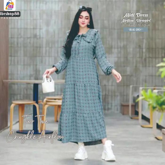 Big Sale MIDI DRESS CRINKLE AIRFLOW GAMIS URAGIRI TWO TONE BUSUI MOTIF