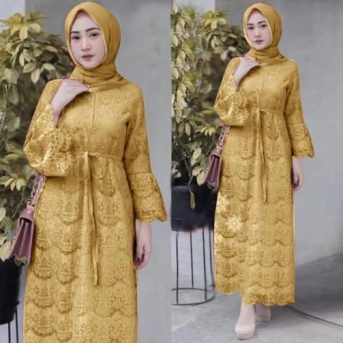 YASINTA - GAMIS DRESS BUSUI BRUKAT JUMBO TANGAN TEROMPET KUNING GOLD