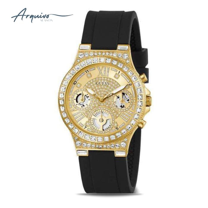 Jam Tangan Wanita Guess Moonlight Glitz Rubber Hitam Dial Gold Mewah Casual Original GW0257L1