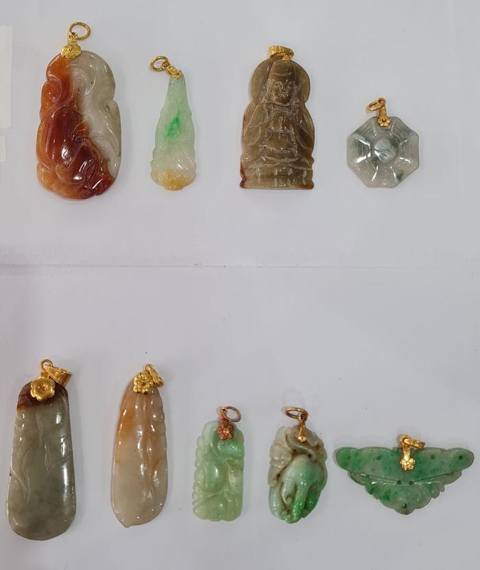 LIONTIN GIOK ASLI NATURAL JADE EMAS GOLD KWAN IM PAT KWA HIJAU COKLAT