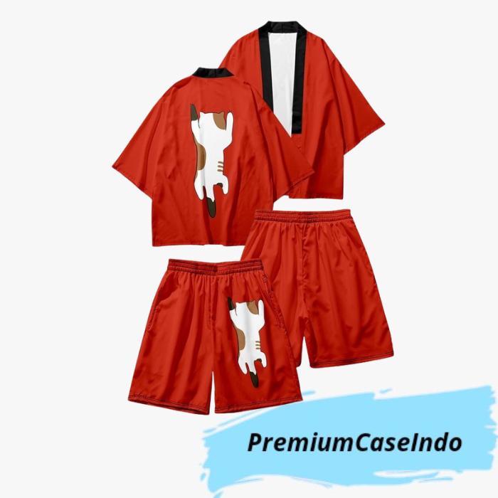 Kimono jepang pria wanita set setelan unisex dengan celana warna merah