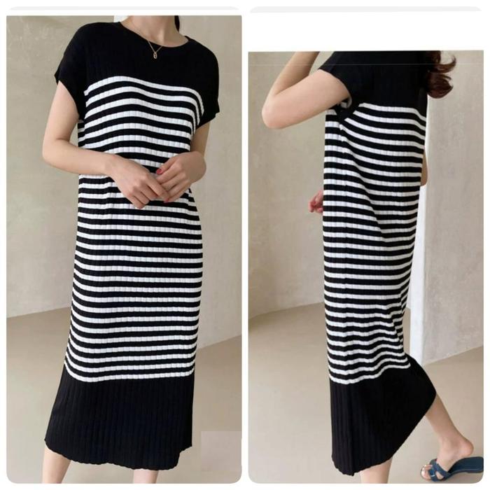 KS 7882 Baju Dress stripe midi casual knit premium wanita lengan pendek melar jumbo import