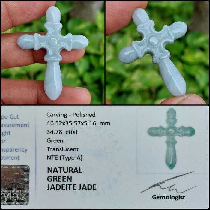 Liontin Salib Batu Giok Asli Natural Jadeite Jade Original Memo Lab