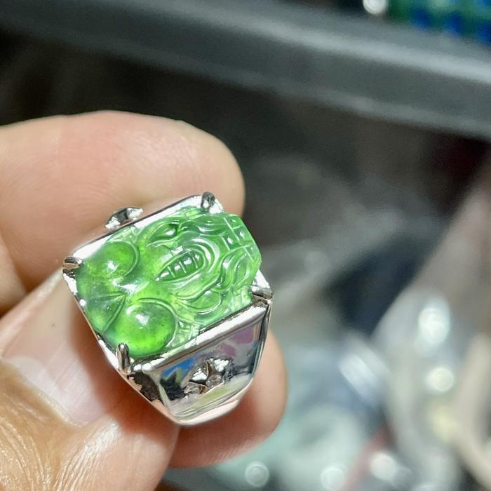 Giok jadeite feicui tipeA cincin cowok ikatan perak s925 ukiran pixiu