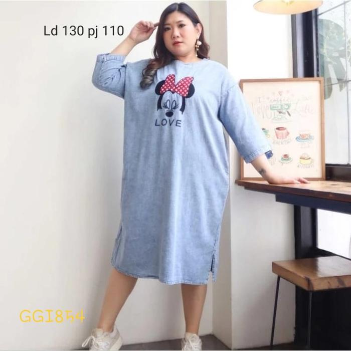 GGI584 Dress Wanita Jeans JUMBO bordir LD130 pj110 lengan 3/4 Blue