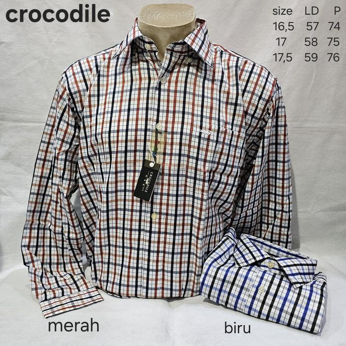 kemeja lengan panjang pria formal kantor kotak merah biru crocodile