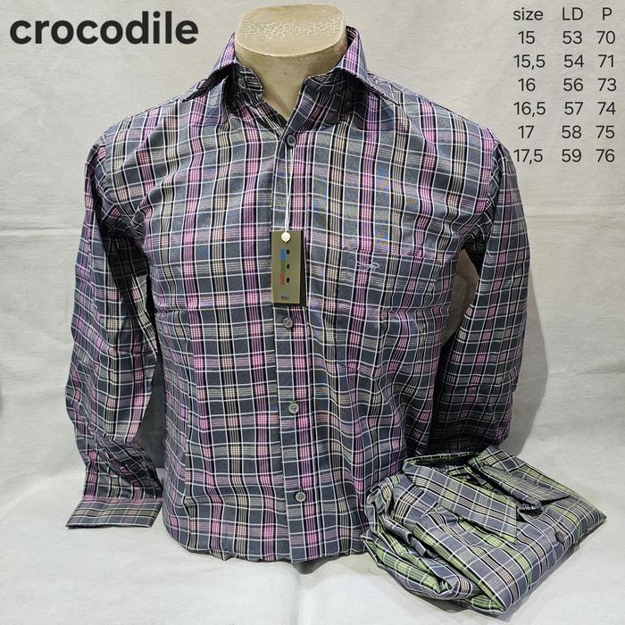 kemeja lengan panjang pria formal kantor kotak hijau ungu crocodile
