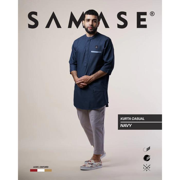 SAMASE KURTA CASUAL A091 3/4 Navy Oxford Baju Koko Muslim Pria