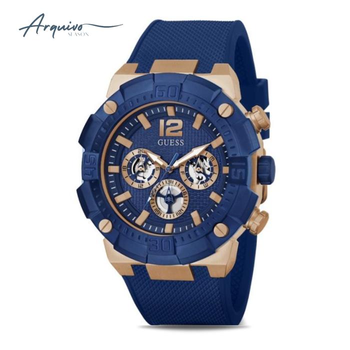 Jam Tangan Guess Pria Chronograph Rubber Blue Sporty Casual Original GW0264G4