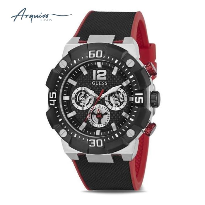 Jam Tangan Guess Pria Chronograph Rubber Black Red Sporty Casual Original GW0264G1