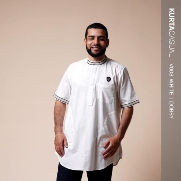 SAMASE KURTA CASUAL V008 White Cotton Dobby Baju Koko Putih Pria