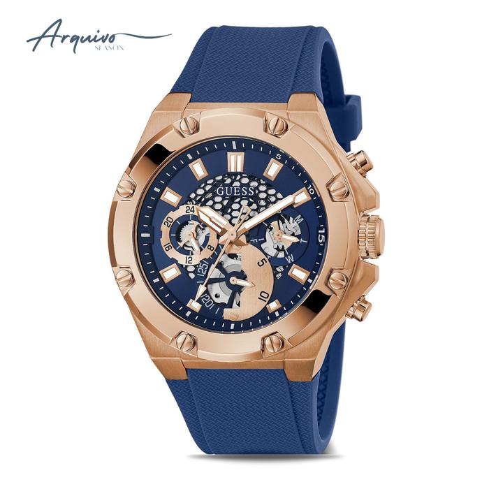 Jam Tangan Guess Pria Third Gear Chronograph Rubber Blue Case Rosegold Sporty Original GW0334G3