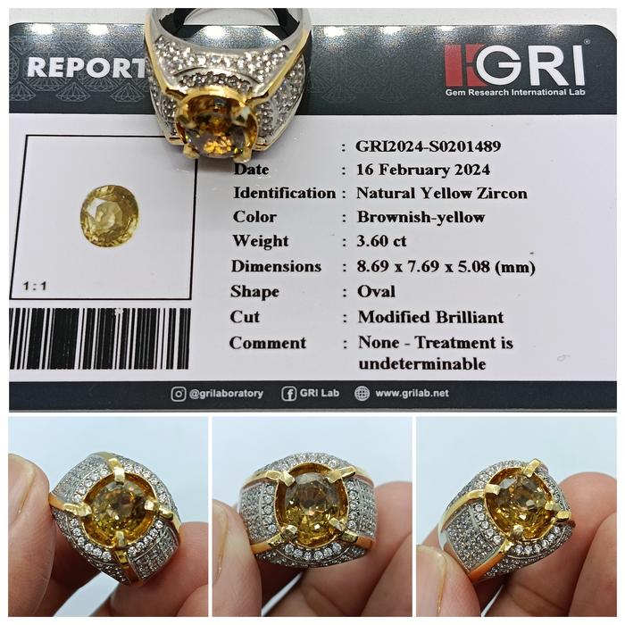 Natural Yellow Zircon 3 ct up Luster Istimewa memo GRI Ring Perak