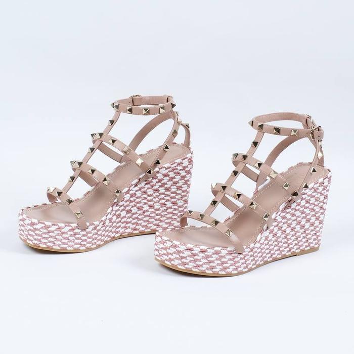 Valentino Rockstud Calfskin Wedges Sandal Rose Cannele