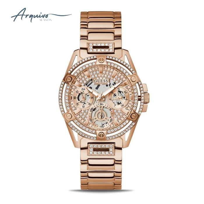 Jam Tangan Guess Wanita Queen Chronograph Rose Gold Stainless Steel Mewah Original GW0464L3