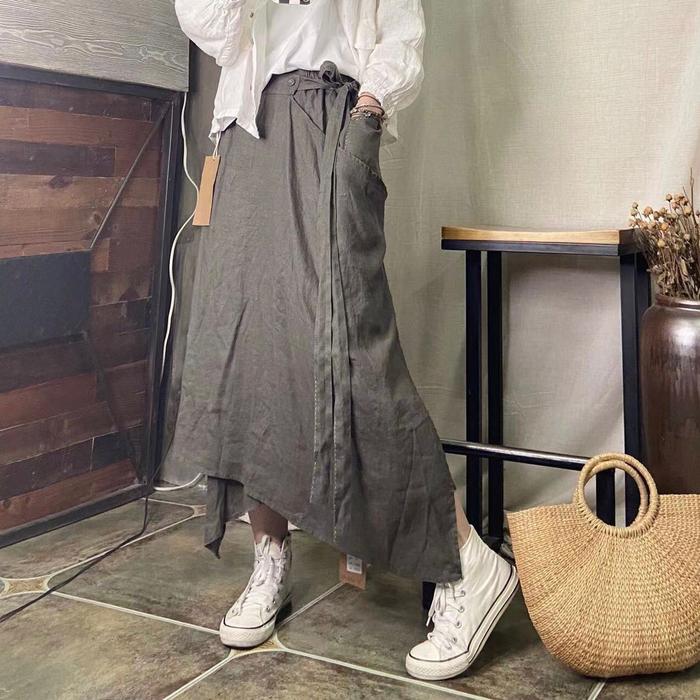 Marnovahome - Yujin Skirt Rok Wanita Panjang Cotton Linen Olive Green