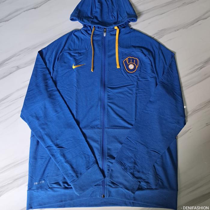Jaket Baseball Original Branded Nike MLB Milwauke Brewers Full Zip Hoodie Jaket Bisbol Murah Ori
