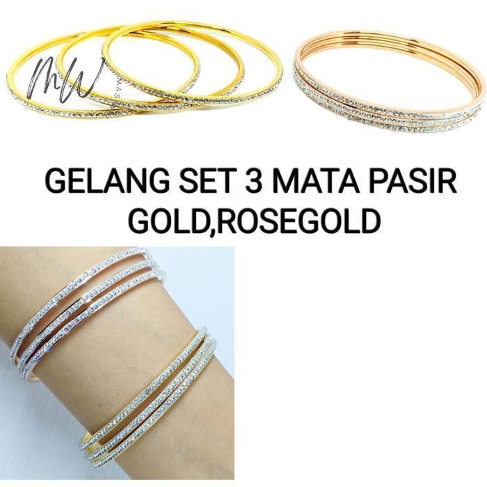Gelang Wanita Titanium Branded Keroncong Set 3 Mata Pasir Putih Import