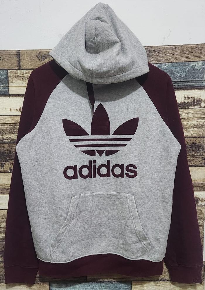 Adidas 3 foil Big Logo Velvet Hoodie Grey Maroon Original ( Size M-L )