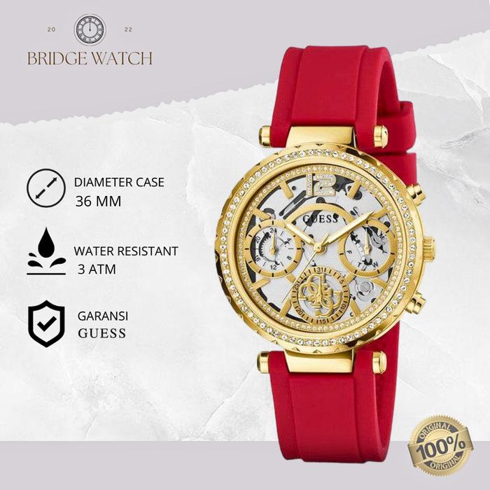 Jam Tangan Wanita Guess Solstice GW0484L1 Chronograph Merah Rubber Gold Dial Casual Mewah Original