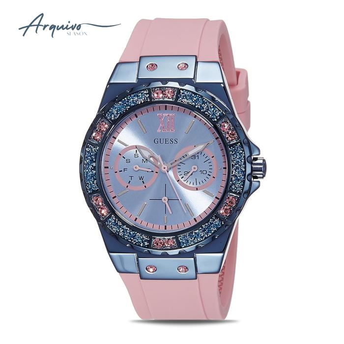 Jam Tangan Guess Wanita Limelight Chronograph Pink Rubber Mewah Casual Original W0775L5