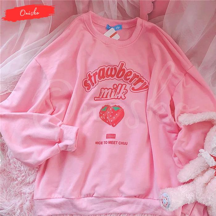 Sweater Anak Perempuan Unisex Motif STRAWBERRY MILK NICE TO MEET CHUU