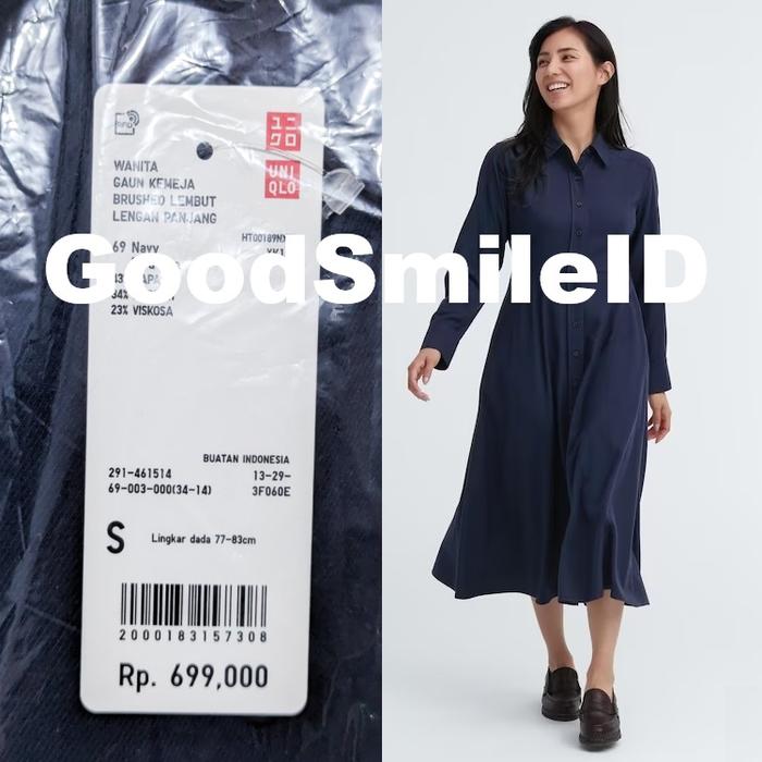 SALE Gaun Kemeja Brushed Lembut Lengan Panjang Long Dress UNIQLO